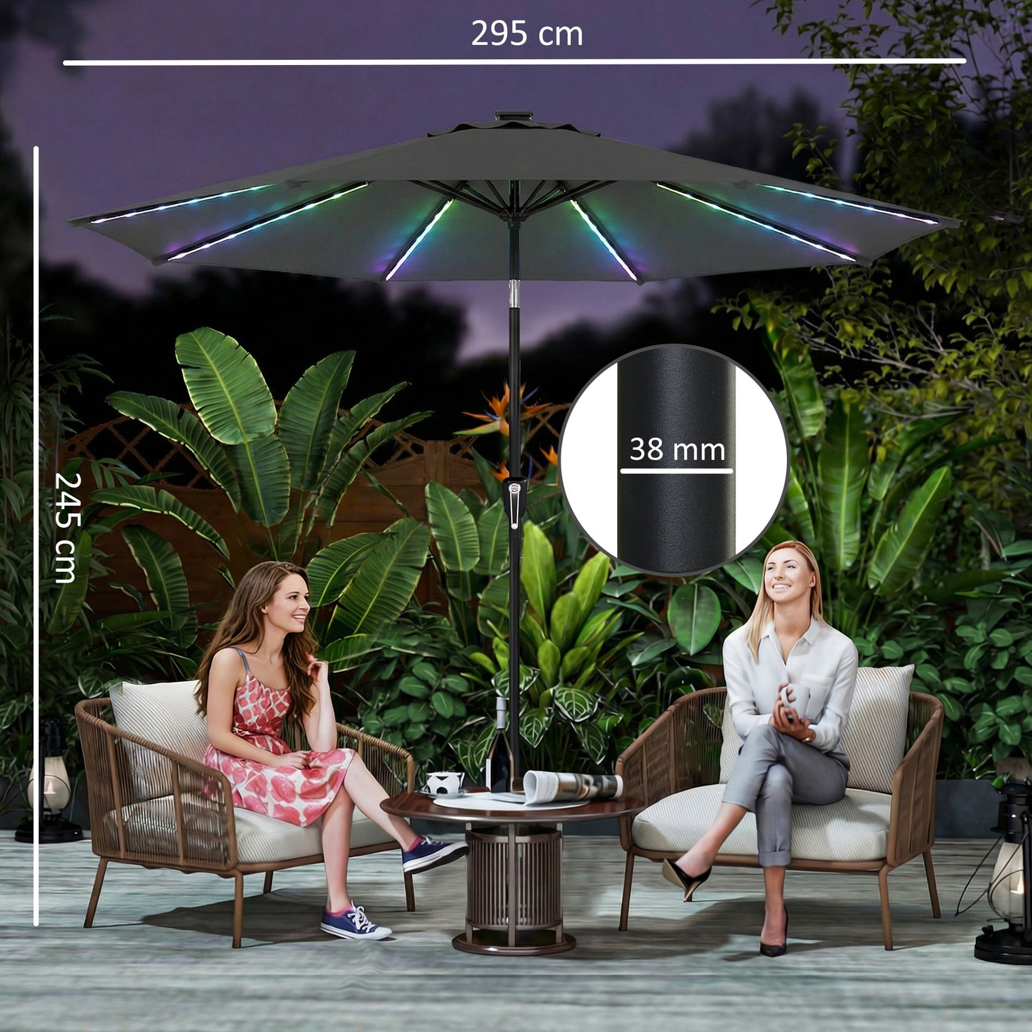 3 m Garden Parasol Umbrella with 112 Solar Powered LED Lights, Patio Umbrella with Crank Handle, Grey
