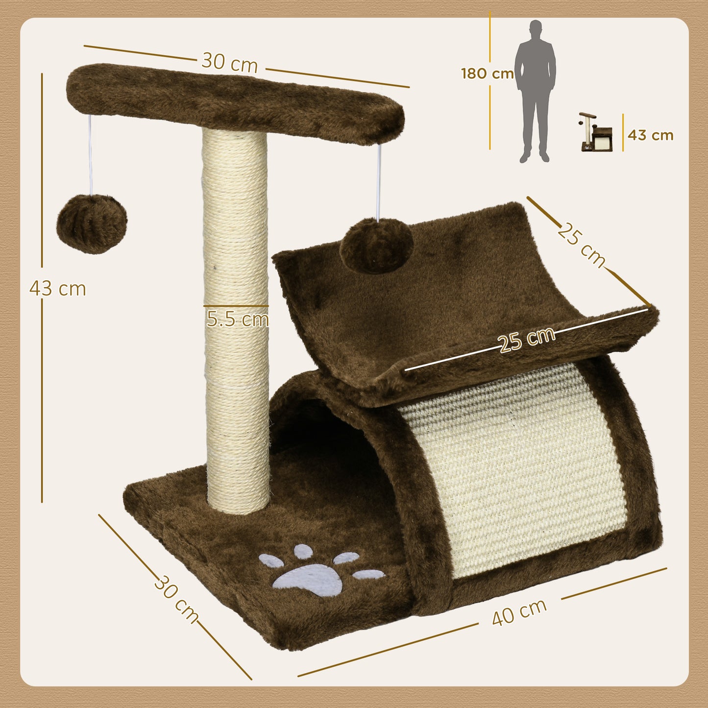 Cat Tree, Cat Tower for Kittens with Rotatable Top Bar, Sisal Scratching Post, Tunnel, Dangling Balls - Brown