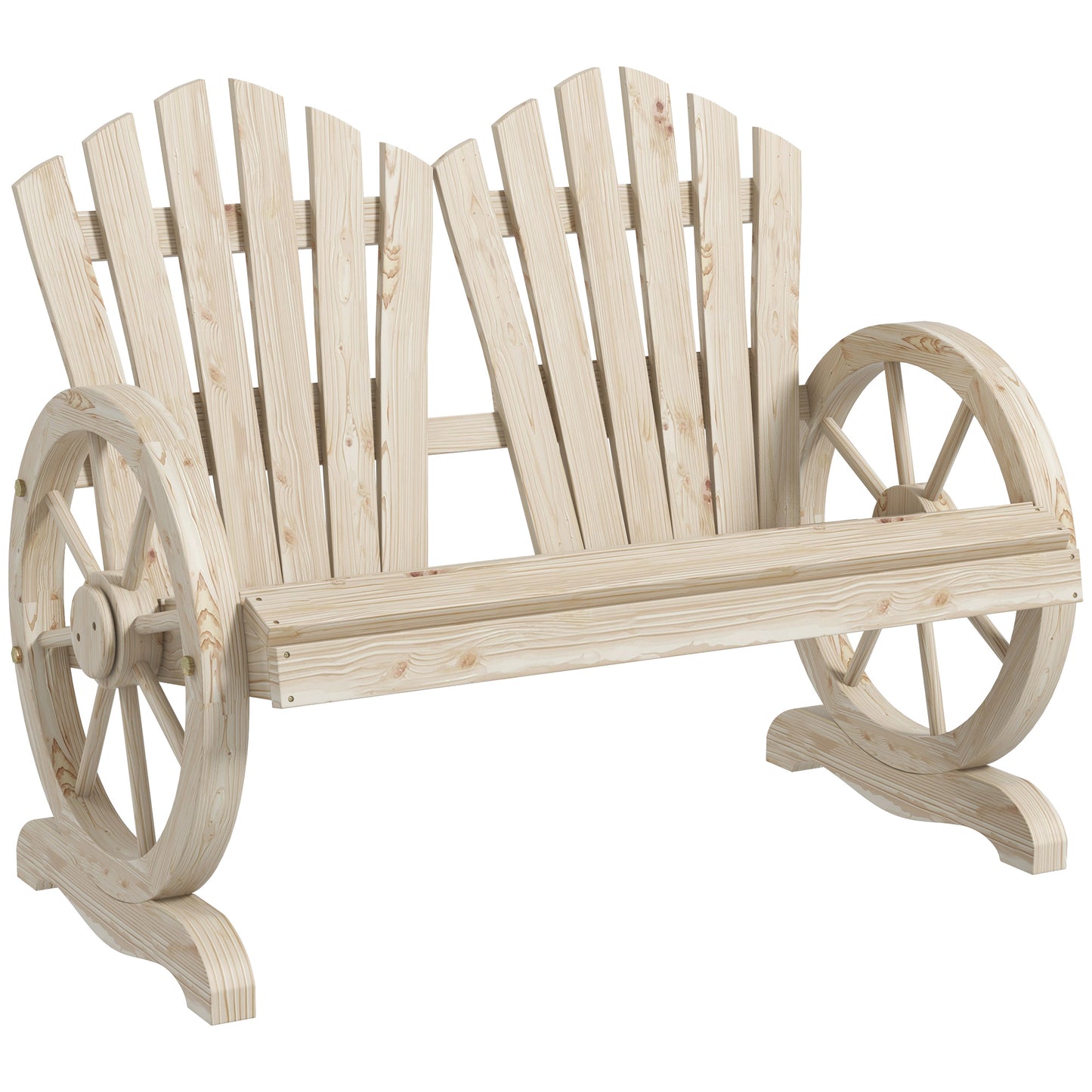 Fir Wood Love Seats with Wheel-Shaped Armrests, Large Load-Bearing Chair, Natural Wood Finish