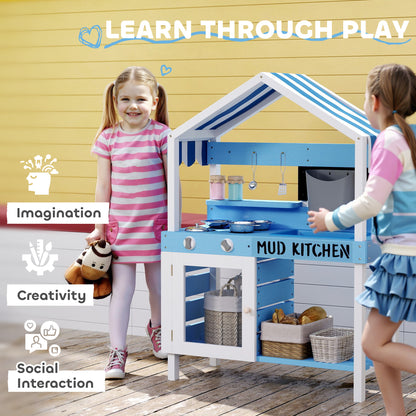 Kids Mud Kitchen Outdoor with Stoves, Sink, Faucet, Storage Shelves, Cookware Accessories for Boys Girls, Blue