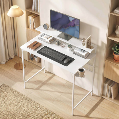 Computer Desk, 80cm Home Office Study Table with Hutch Shelf, Cup Holder, Headphone Hook, White