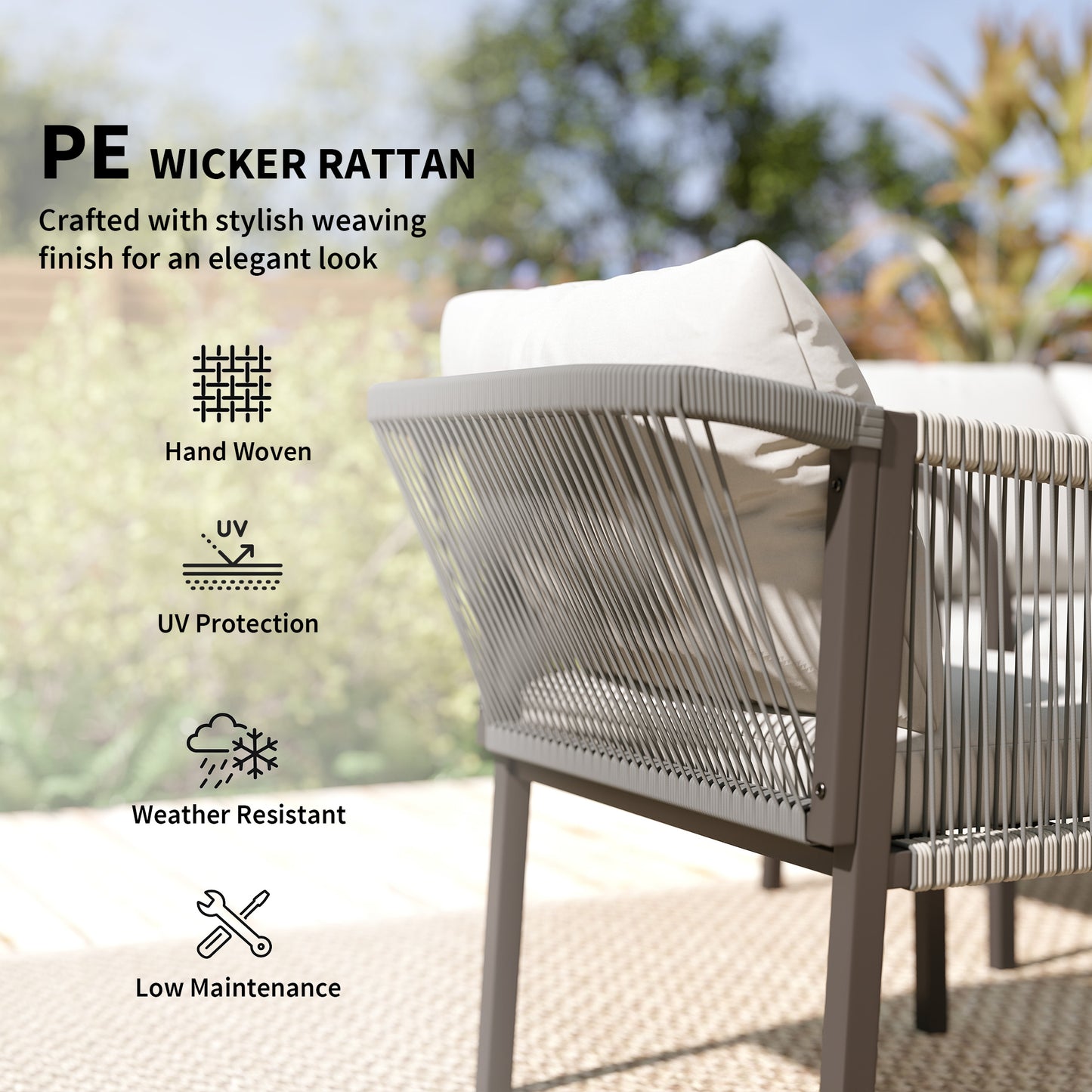 4 Piece Rattan Garden Furniture Set with Loveseat, Armchairs, Table, Steel Frame Wicker Patio Conversation Set, Grey