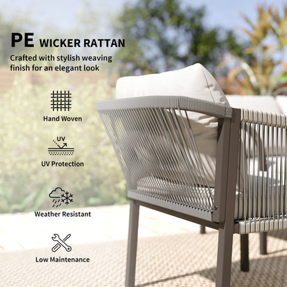 4 Piece Rattan Garden Furniture Set with Loveseat, Armchairs, Table, Steel Frame Wicker Patio Conversation Set, Grey