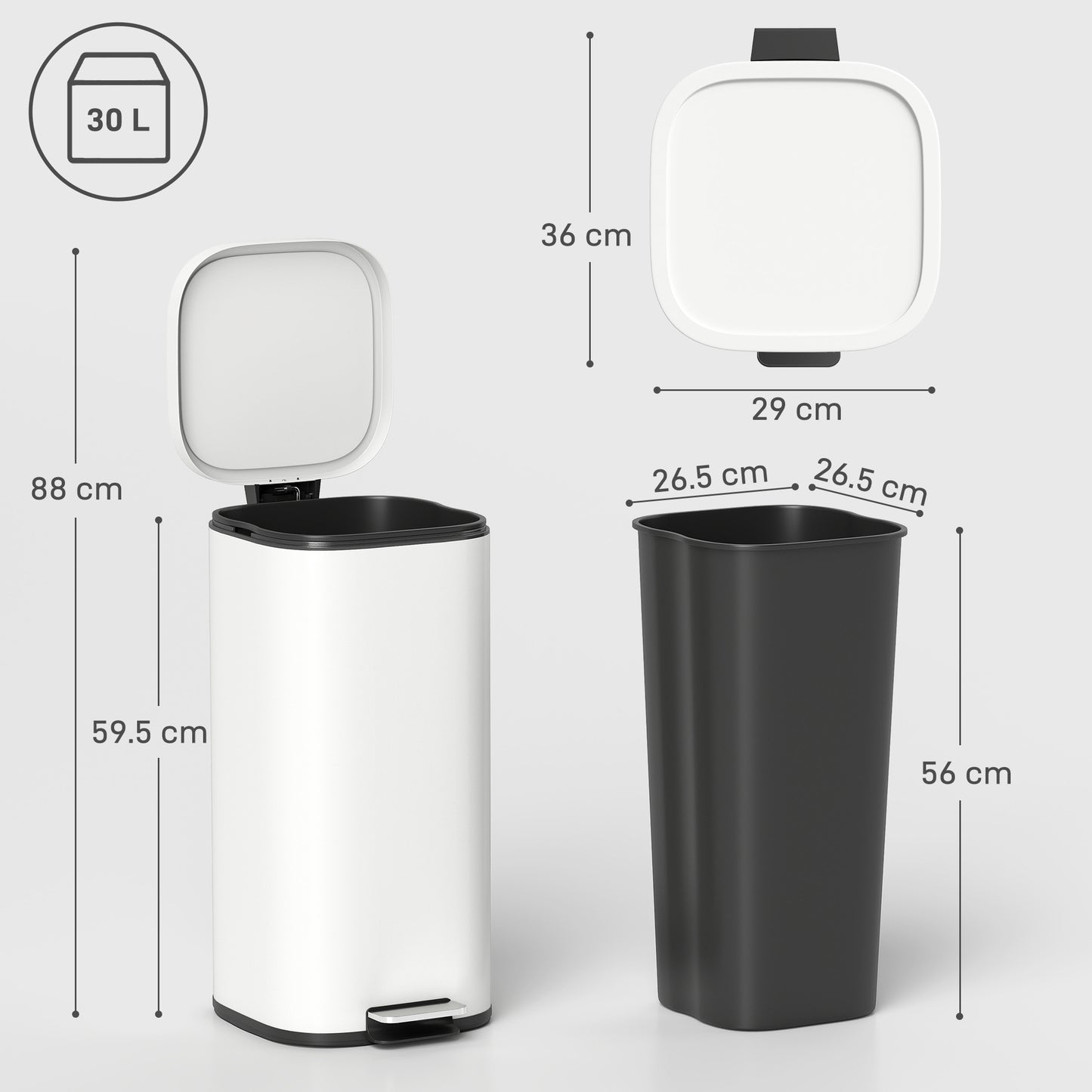 30L Kitchen Bin, Compact Pedal Bin with Soft-Close and Stay-Open Lid, Removable Bucket for Kitchen, Home, Office, Cream