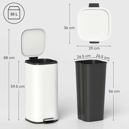 30L Kitchen Bin, Compact Pedal Bin with Soft-Close and Stay-Open Lid, Removable Bucket for Kitchen, Home, Office, Cream