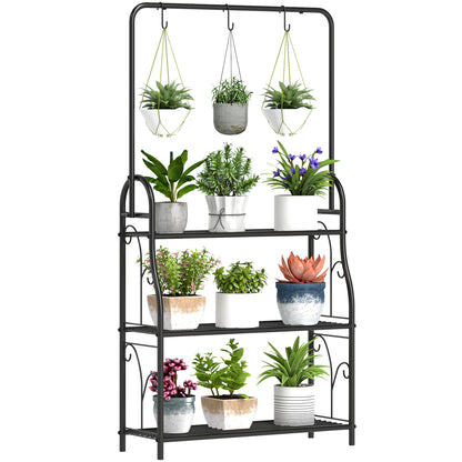 3 Tier Plant Stand with Hanging Rod and Hooks, Metal Plant Rack Shelf