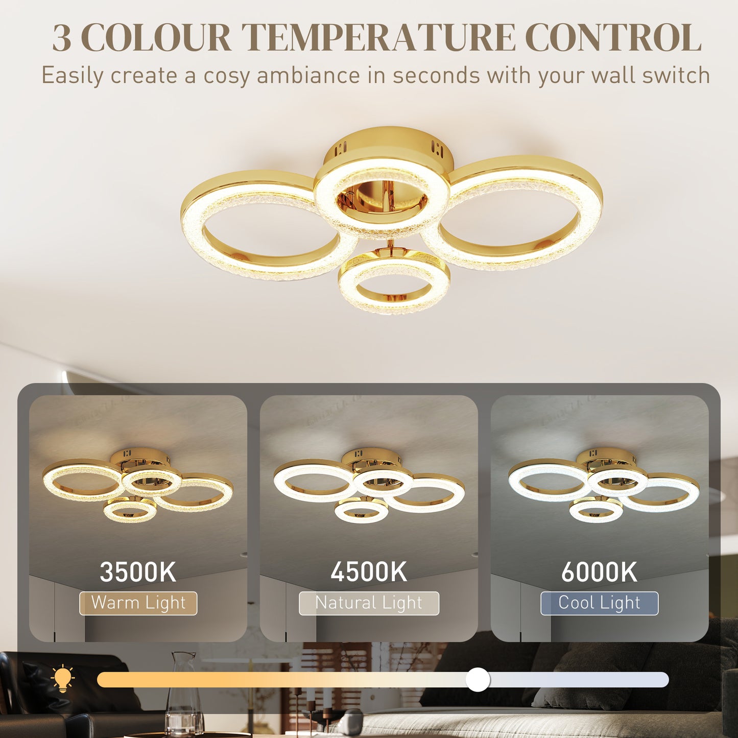 4-Ring LED Ceiling Light, Flush Mount Ceiling Light with 3 Colour Temperatures, Gold Tone