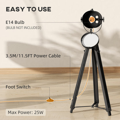 Industrial Tripod Floor Lamp, Nautical Searchlight with Adjustable Height, Wood Legs, E14 Lamp Base for Living Room, Bedroom