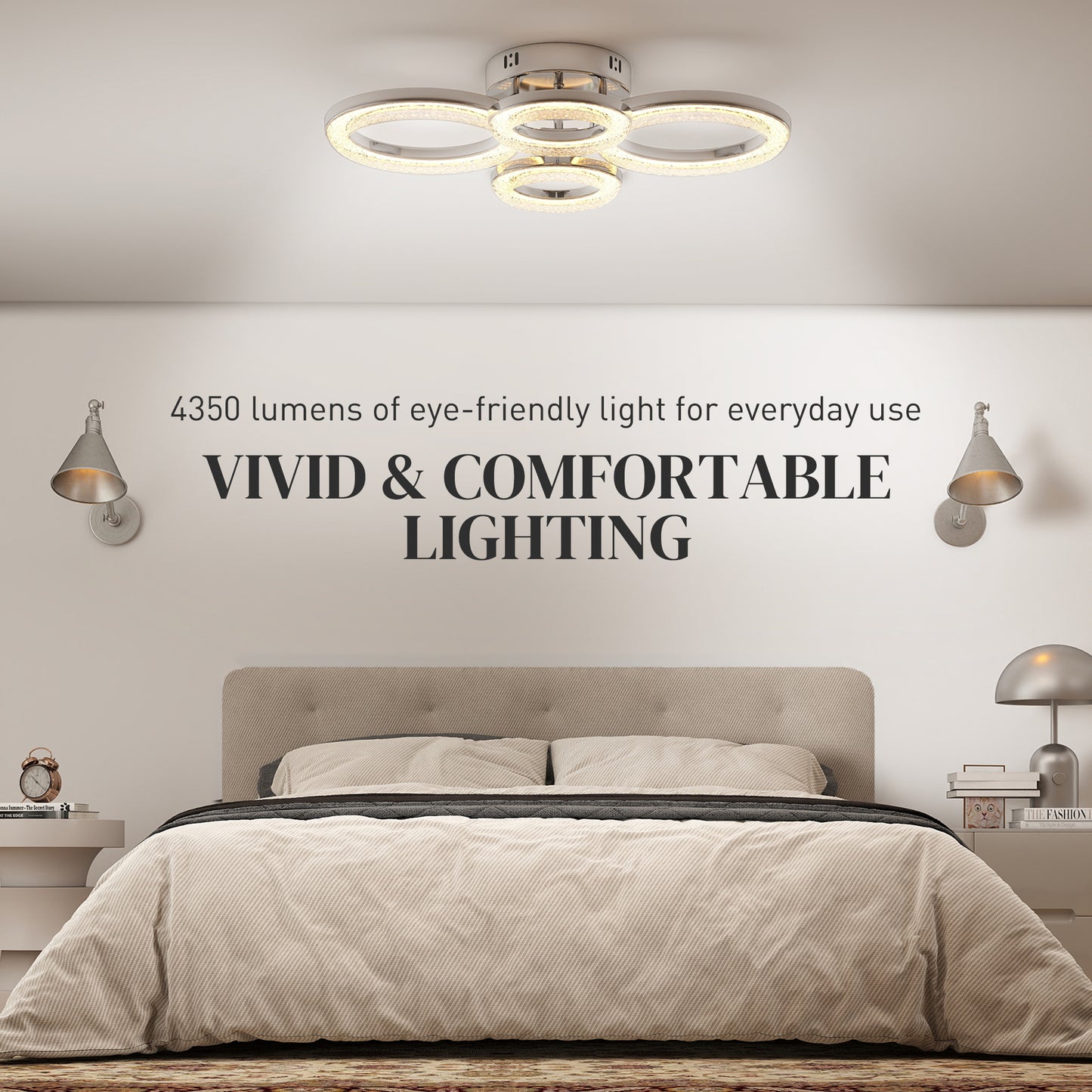 4-Ring LED Ceiling Light, Flush Mount Ceiling Light with 3 Colour Temperatures, Silver Tone