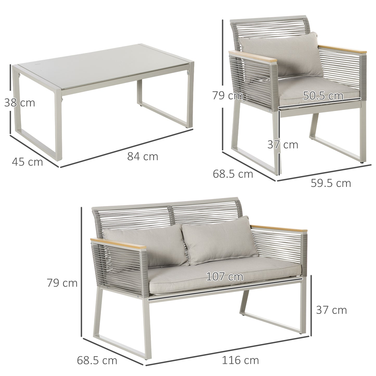 4 Pieces Rattan Garden Furniture Set - Grey