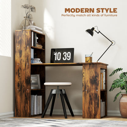 120cm Computer Desk, Wooden PC Laptop Table with 6-Tier Storage Bookshelves, Home Office Working Study Desk