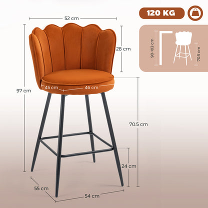 Set of Two Velvet-Feel Lotus Bar Stools - Orange