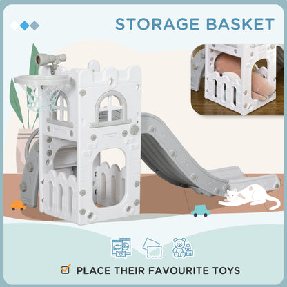 5 in 1 Toddler Slide with Basketball Hoop, Climber, Telescope, Storage Basket, for Ages 1-3 Years, Grey