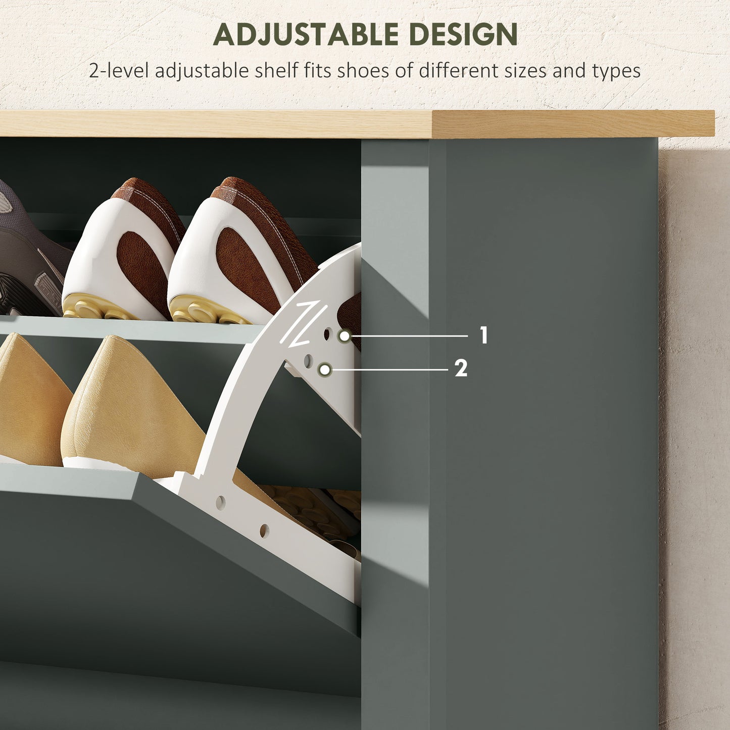 Slim Shoe Cabinet, Narrow Shoe Cupboard with 2 Flip Drawers, Adjustable Shelves for 12 Pairs of Shoes, Light Grey