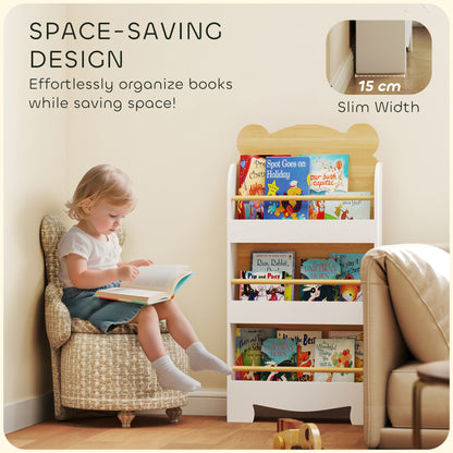 Kids Bookshelf, 3 Tier Children Bookcase, Bear Theme Toddler Space-Saving Bookcase for Living Room, White