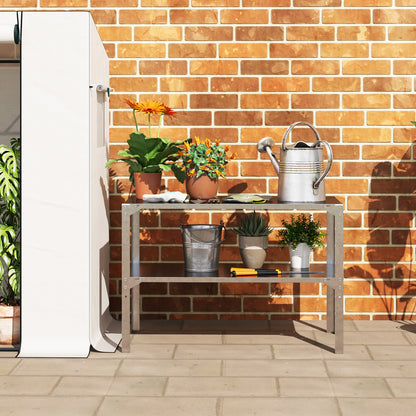 2 Tier Potting Bench Table, Galvanised Steel Garden Planting Work Bench Workstation with Storage Shelf for Outdoor, Patio