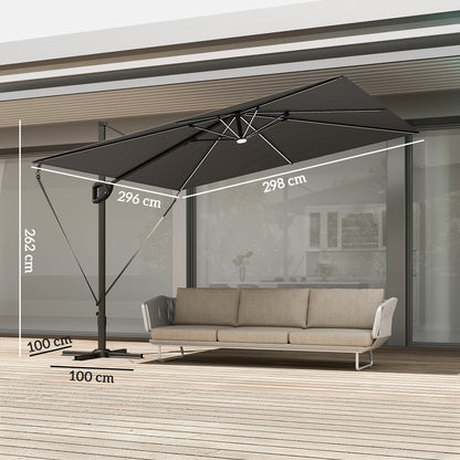 3 x 3 m Garden Cantilever Parasol w/ Light, Cover, UPF50+ Patio Umbrella w/ Wind Protection, 360° Rotation, Dark Grey