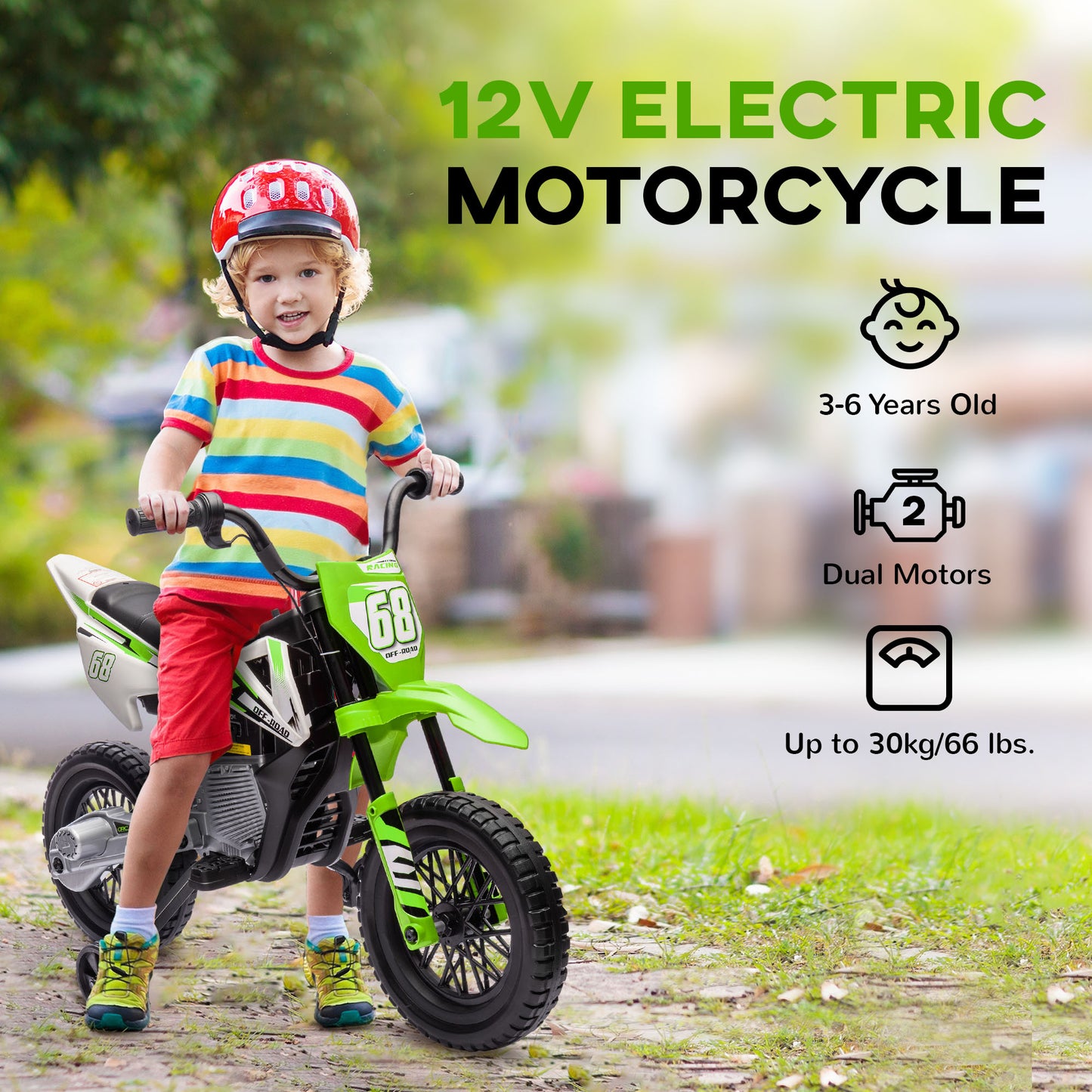 12V Kids Electric Motorbike, Kids Electric Ride on motorcycle w/ Twist Grip Throttle, Training Wheels, Green