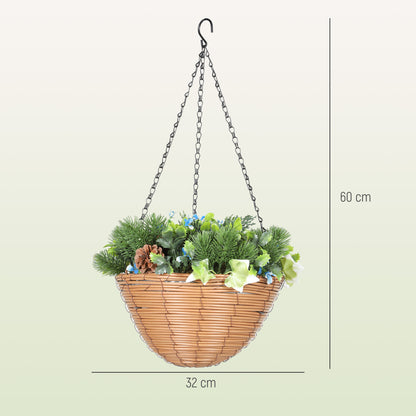 Pack of 2 Faux Plant Artificial Lisianthus Flowers, Hanging Planters with Basket, PE Leaves, 18 Flowers and 3 Pinecones