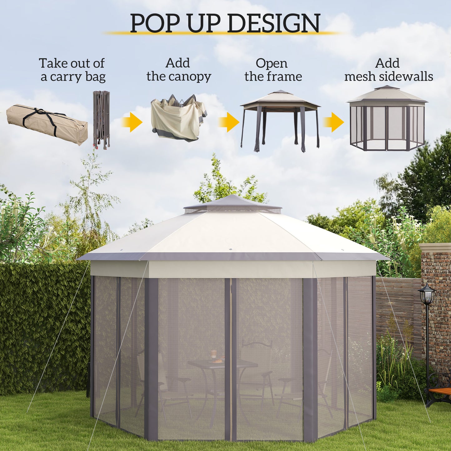 3 x 4m Garden Gazebo Hexagon Pop Up Gazebo Party Tent Canopy Double Roof Instant Shelter with Netting and Carry Bag for Outdo