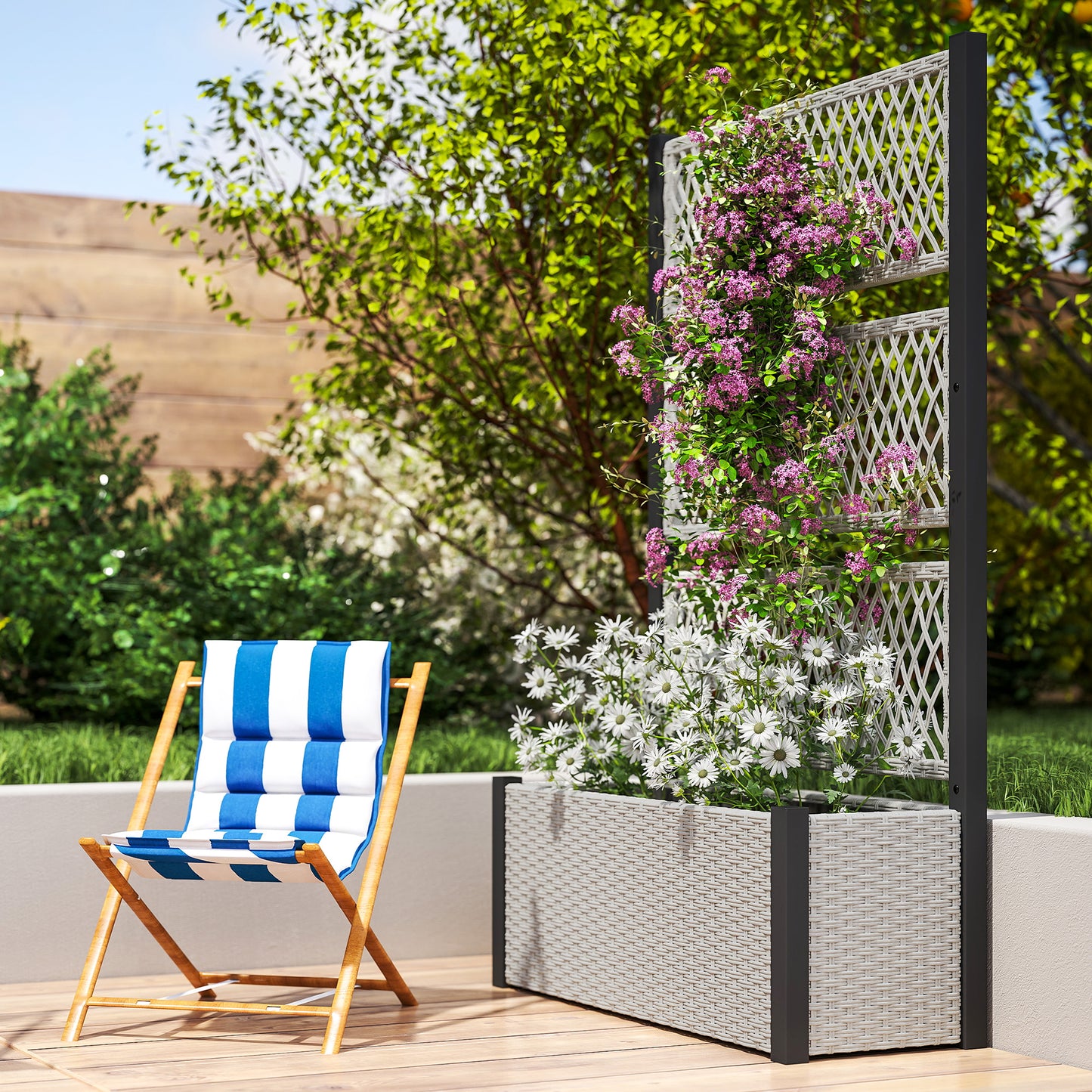 Garden Planter Box with Trellis, Liner for Climbing Plants, Vegetables, Flowers, Mixed-grey