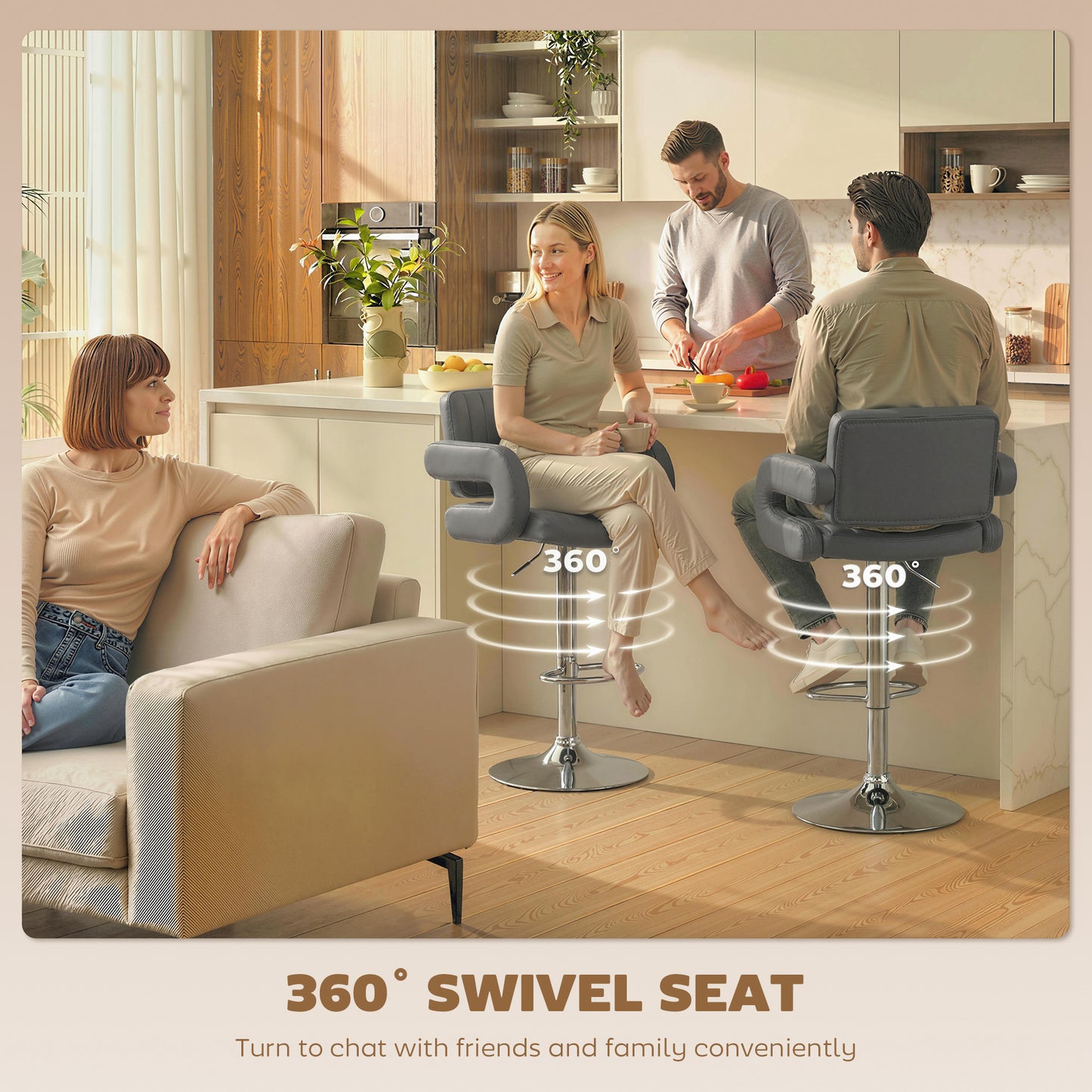 Bar Stools Adjustable Swivel Kitchen Chairs with Backrest Armrest Set of 2 PU Leather Grey