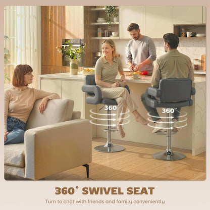 Bar Stools Adjustable Swivel Kitchen Chairs with Backrest Armrest Set of 2 PU Leather Grey