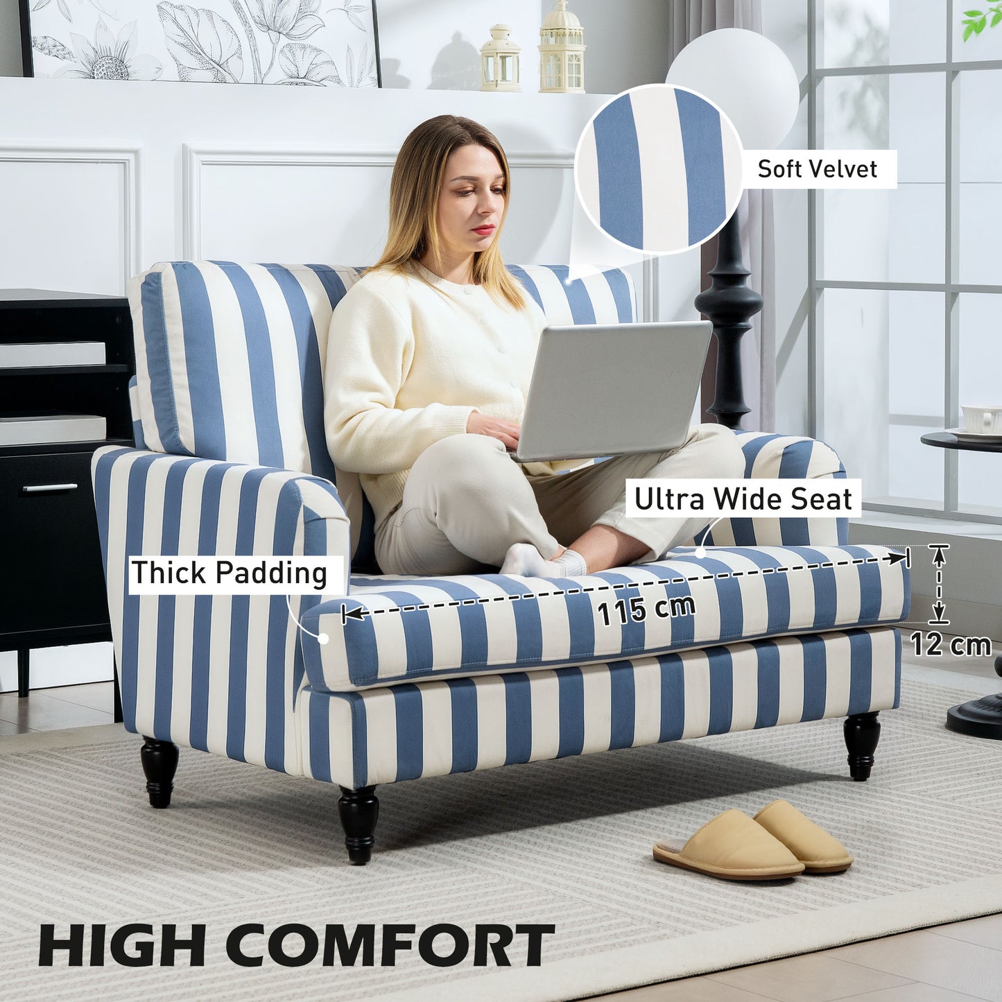 Modern Cuddle Chair, Velvet Single Sofa Armchair with Stripe, Turned Legs and Wide Seat