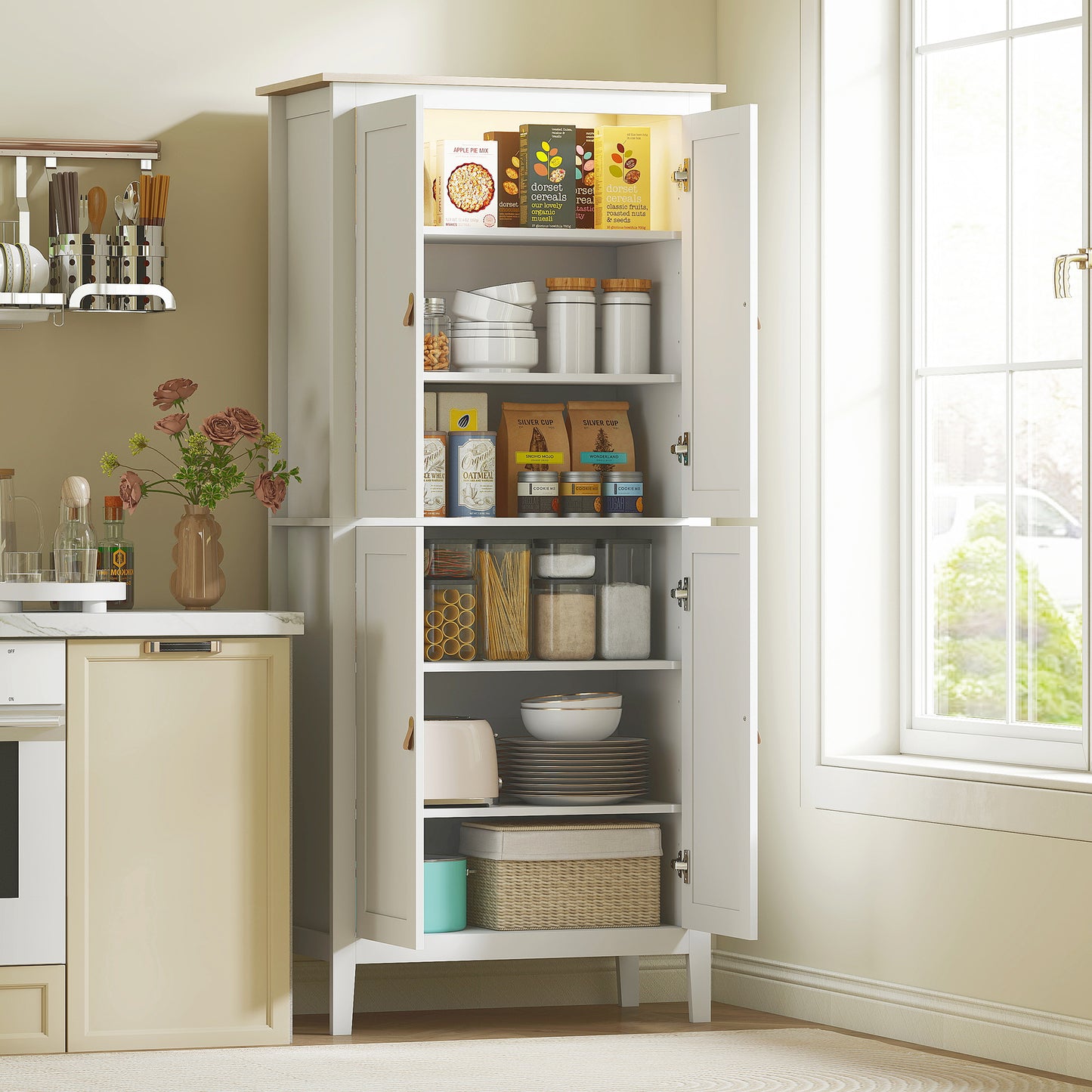 176.5 cm Tall Pantry Cupboard with Motion Sensor LED Light - White