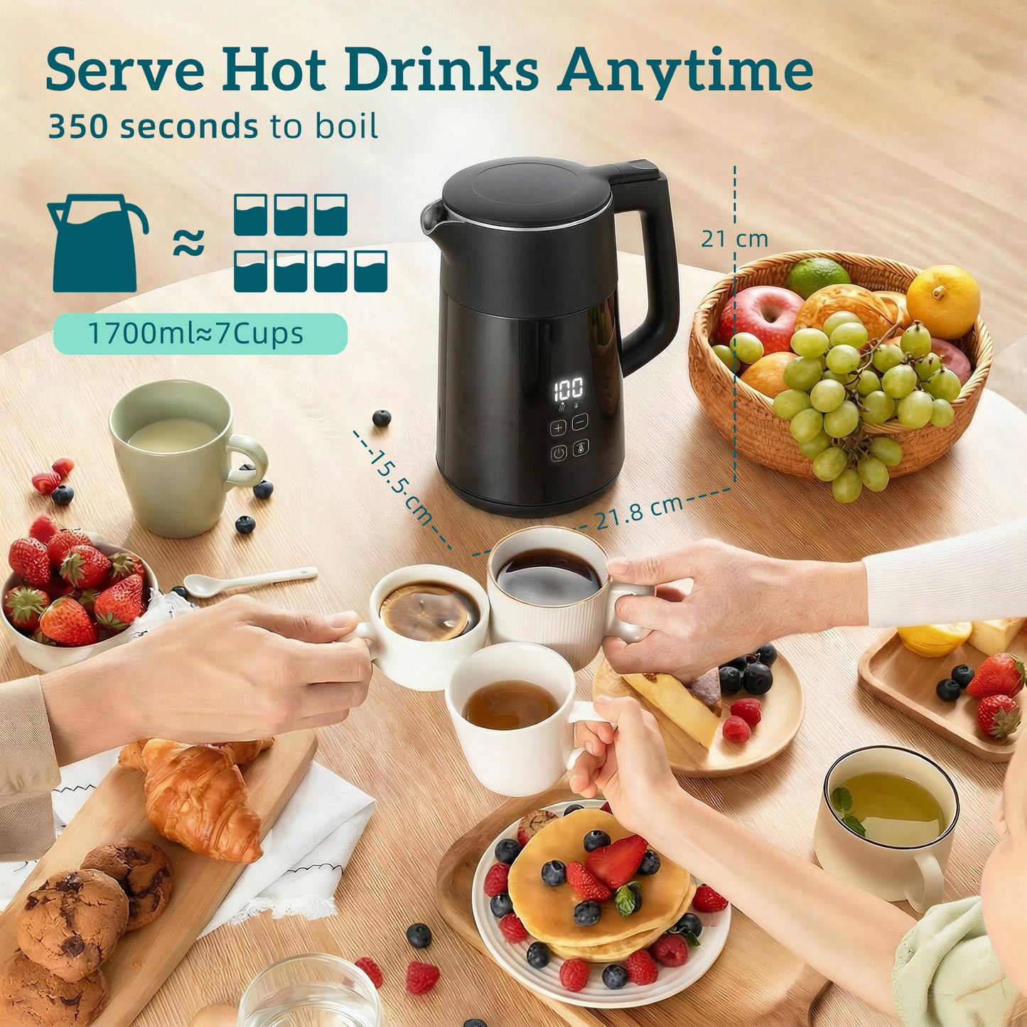 Electric Kettle, 1.7L Fast Boil 3kW Water Kettle with UK Strix Thermostat, LED Display, Keep Warm Function, Black