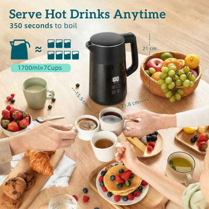Electric Kettle, 1.7L Fast Boil 3kW Water Kettle with UK Strix Thermostat, LED Display, Keep Warm Function, Black