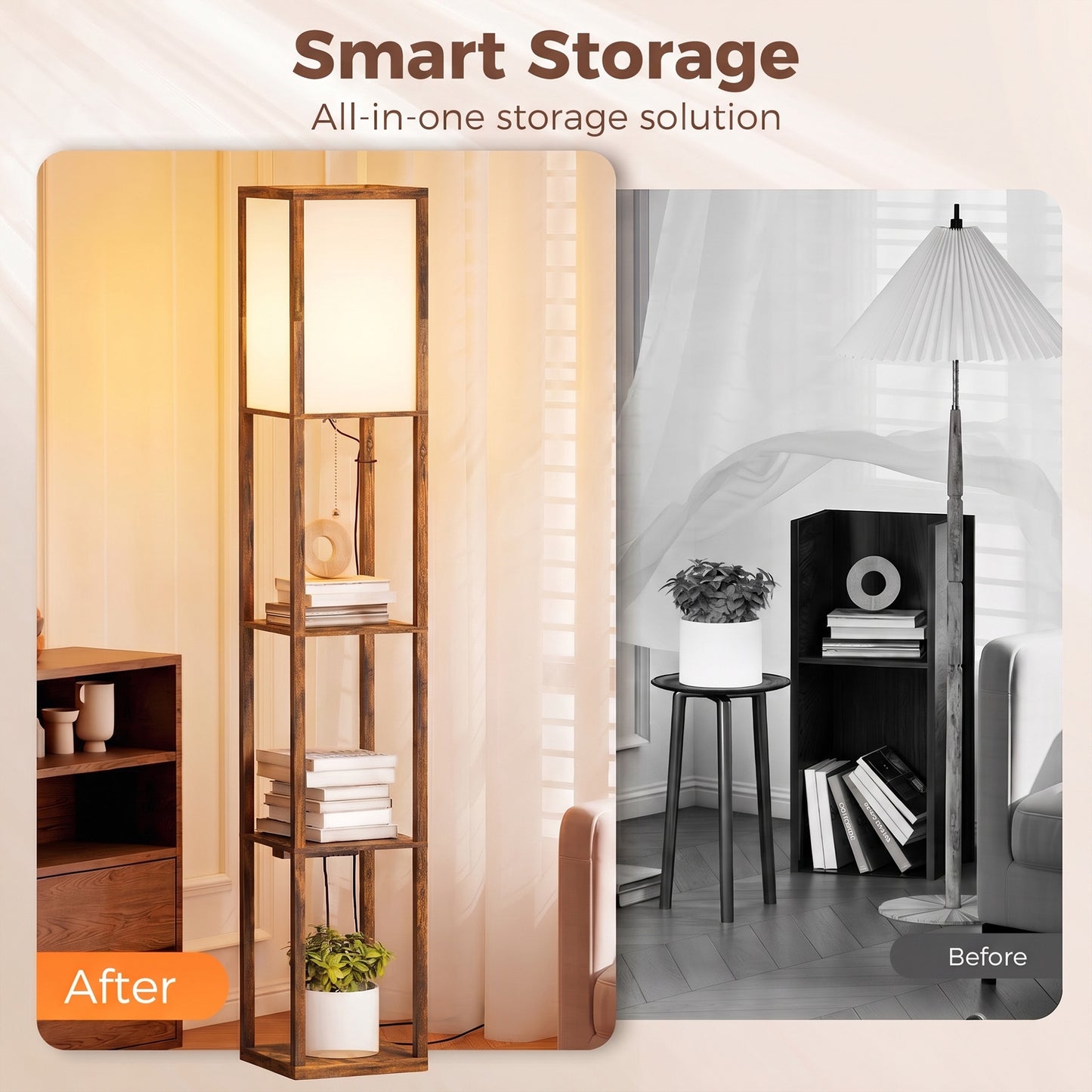 Floor Lamp with Shelves, 4 Layer Standing Lamp with USB Ports, 3 Colour Temperature, Rustic Brown