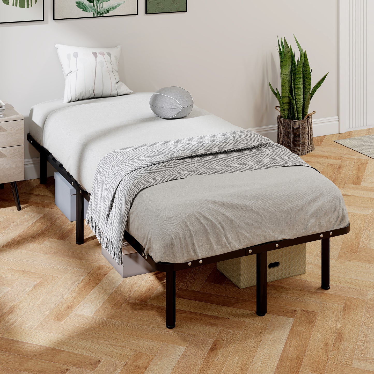 3ft Single Bed Frame, Metal Platform Bed Frame with 2 x 14 Wood Slats, No Box Spring Needed, Underbed Storage, Black