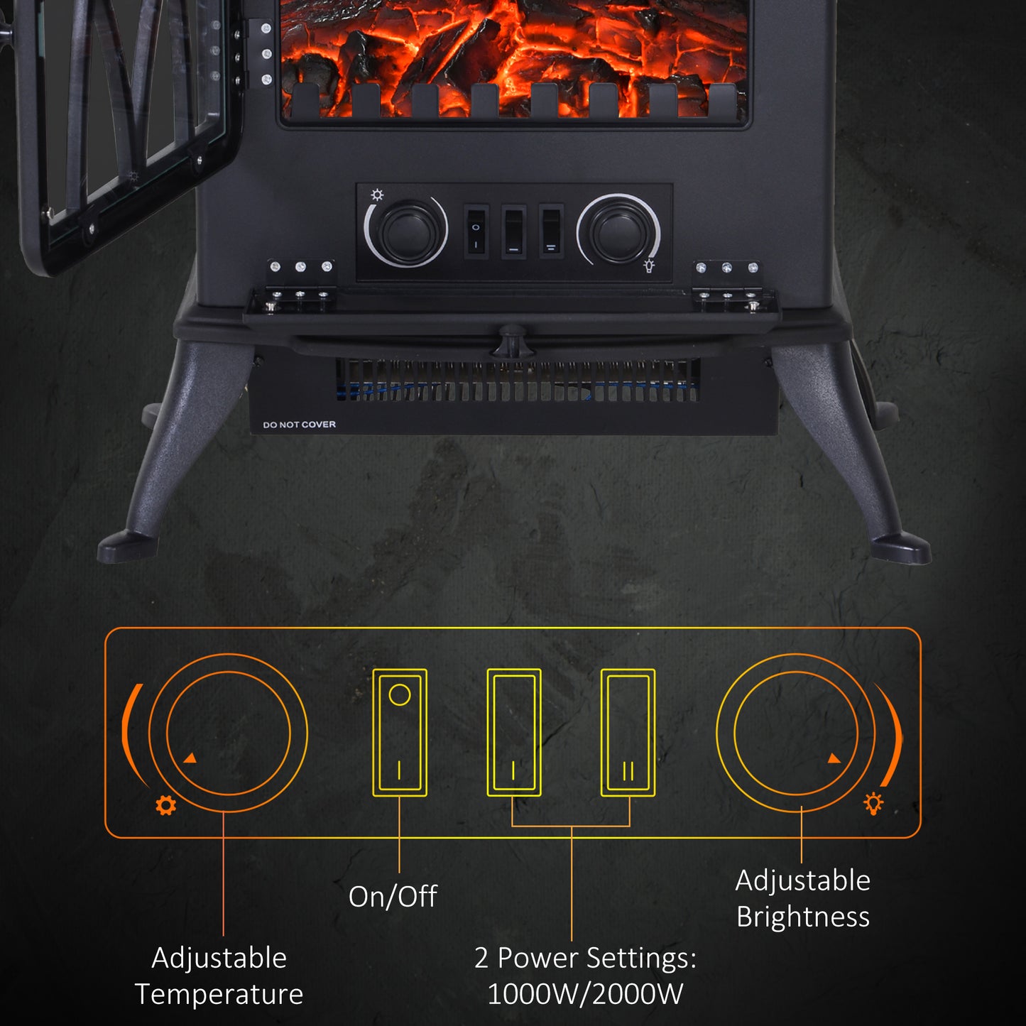 Electric Stove Heater with Realistic Flame Effect, 2000W Portable Indoor Freestanding Electric Fireplace with Adjustable Ther