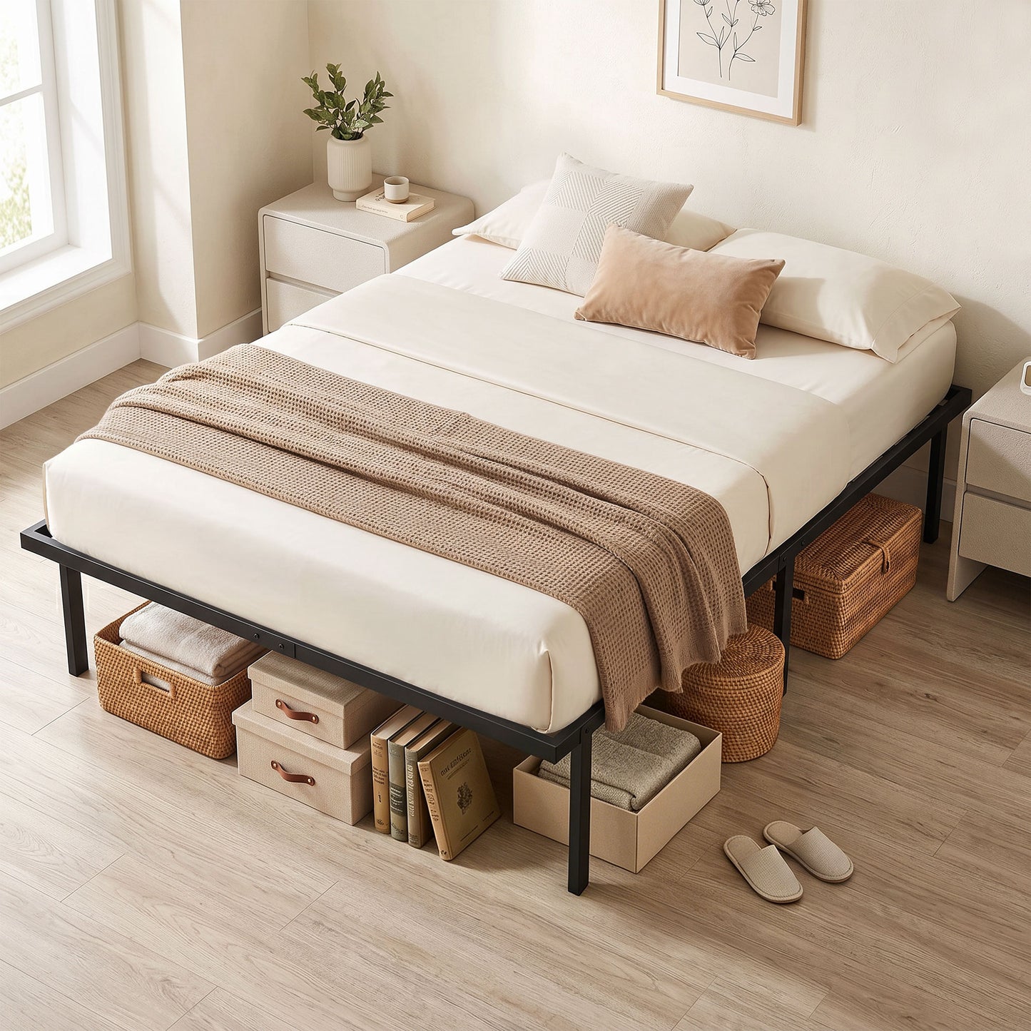 4ft6 Double Bed Frame with Underbed Storage, Metal Platform Bed Frame with Steel Slat Support, No Box Spring Needed