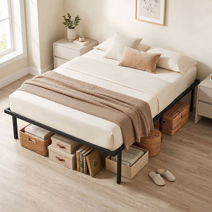 4ft6 Double Bed Frame with Underbed Storage, Metal Platform Bed Frame with Steel Slat Support, No Box Spring Needed