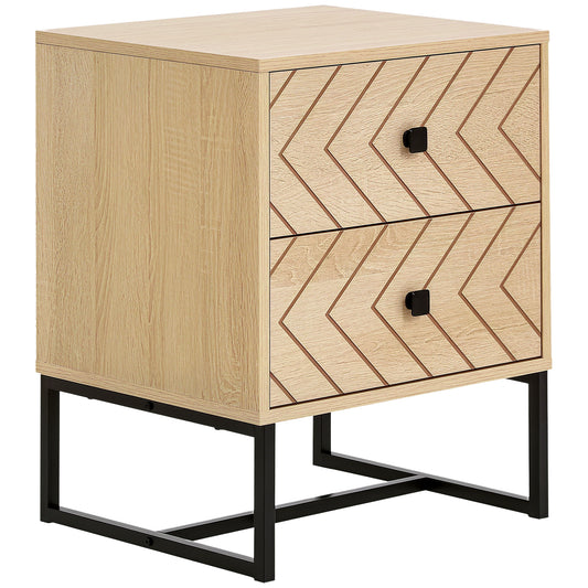 Bedside Table Nightstand Two-Drawer Bedroom Storage Unit Zig Zag Design with Black Metal Handles, Natural