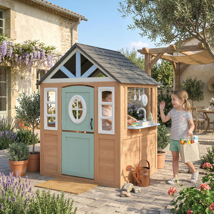 Wooden Playhouse for Kids, Wendy House with Pet Door, Play Kitchen, Half Door and Windows for Indoor Outdoor, Ages 2+