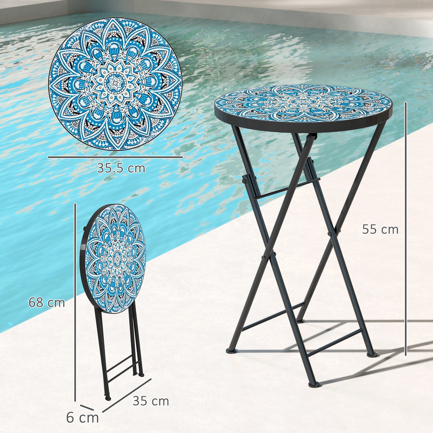Mosaic Outdoor Garden Table, 35.5cm Round Folding Coffee Table with Metal Frame for Balcony Terrace, Blue