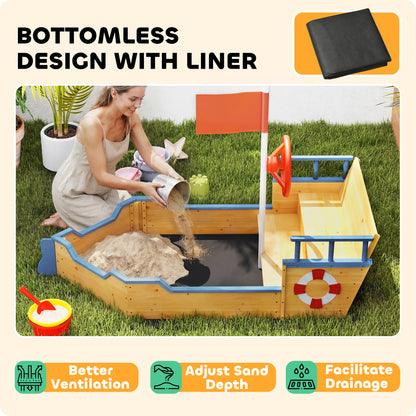 Kids Sand Pit, Children Pirate Ship Sandbox with Bench, Bottom Liner, Seat, Natural Wood Tone