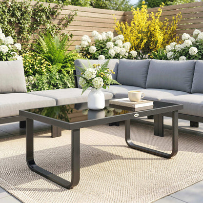Outdoor Garden Coffee Table, Rectangle Metal Side Table with Tempered Glass Tabletop, Adjustable Foot Pads