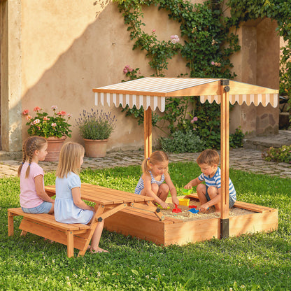 Kids Sand Pit with Lid, Wooden Sandpit with Canopy, Foldable Picnic Table, Bench Seats, Bottom Liner for Patio Garden