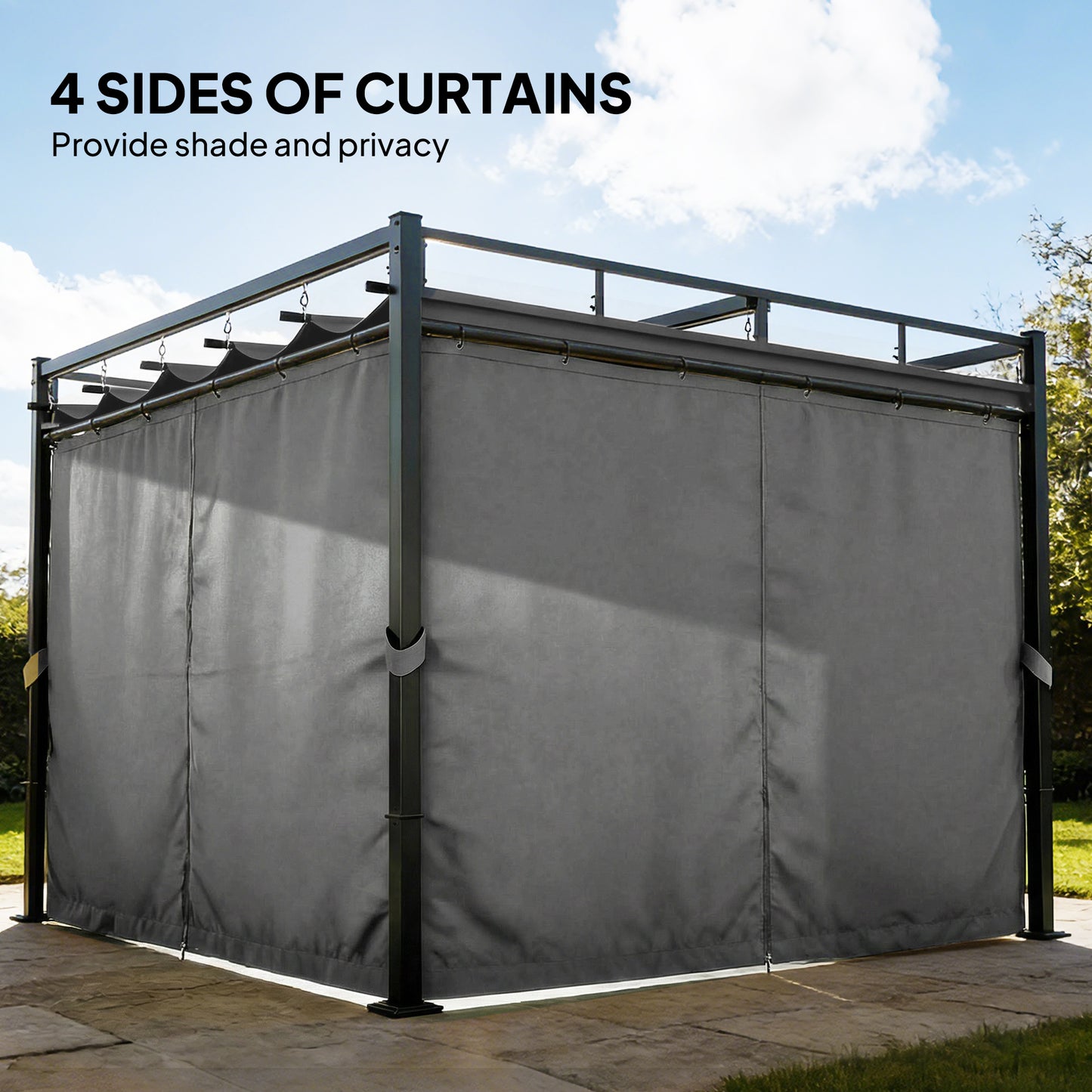 3 x 3 m Pergola with Retractable Roof Canopy and Curtains, UPF30+ Metal Frame Garden Pergola Gazebo Sun Shade, Dark Grey