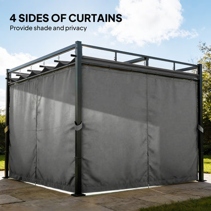 3 x 3 m Pergola with Retractable Roof Canopy and Curtains, UPF30+ Metal Frame Garden Pergola Gazebo Sun Shade, Dark Grey