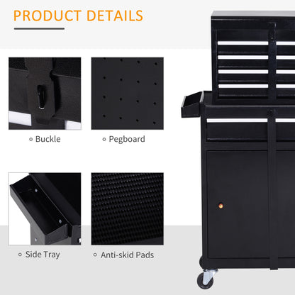 Tool Chest 2 in 1 Metal Tool Cabinet Storage Box with 5 Drawers Pegboard Wheels 60x28x104.5cm Black