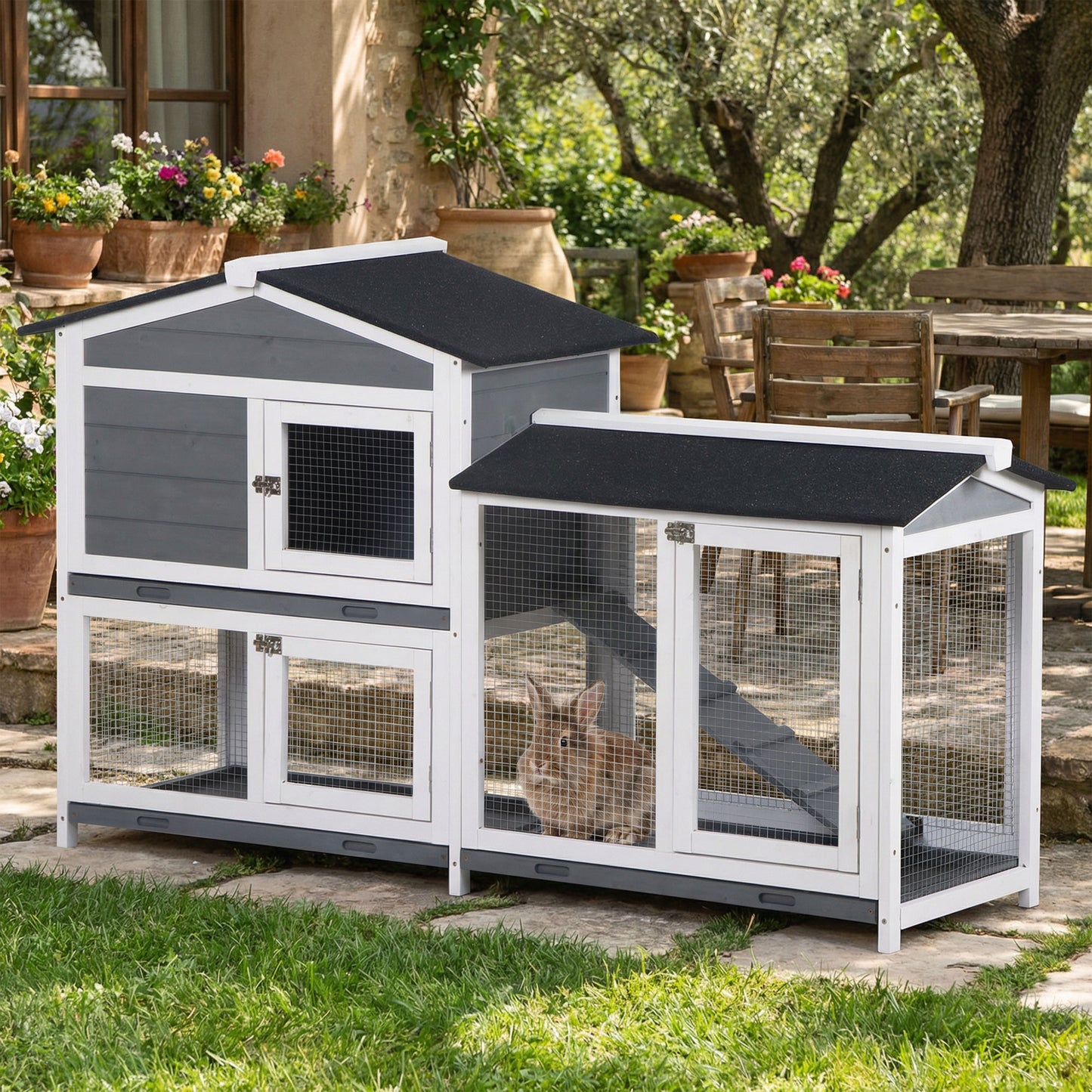 Wooden 2-Tier Rabbit Hutch w/ Tray Ramp Grey