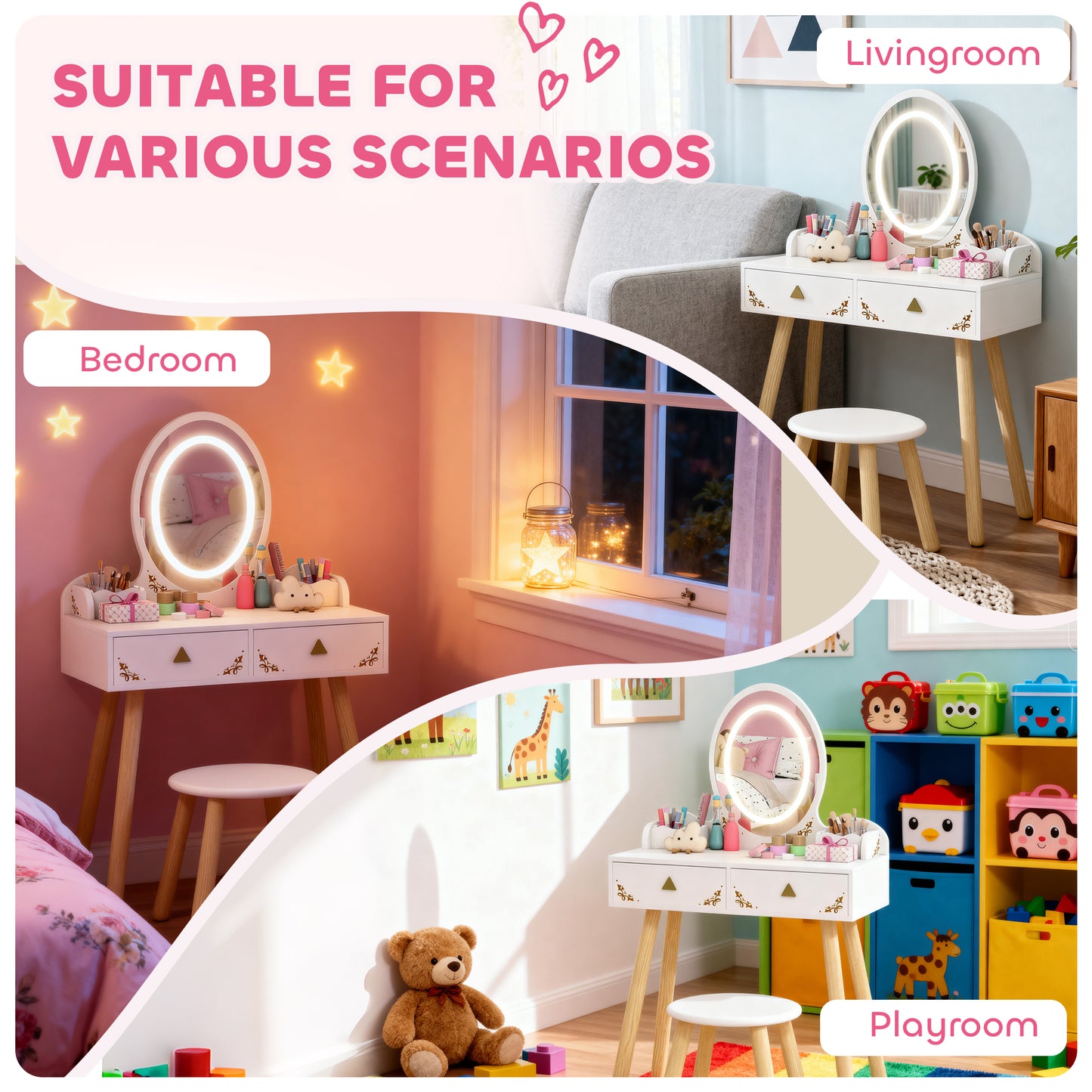 Kids Vanity Table and Chair Set with 3-Colour LED Lights Mirror, Drawer, Storage Boxes, for 3+ Years, White