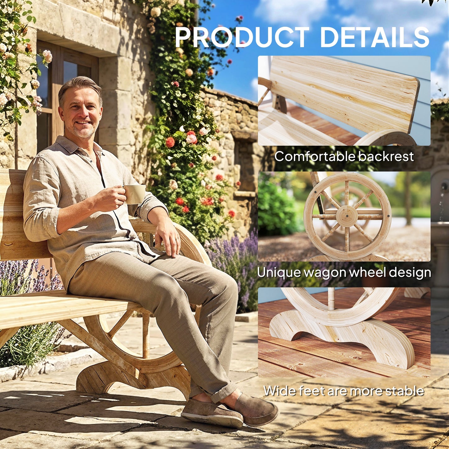 Fir Wood 2-Seater Outdoor Garden Wagon Wheel Bench, Natural Wood Finish