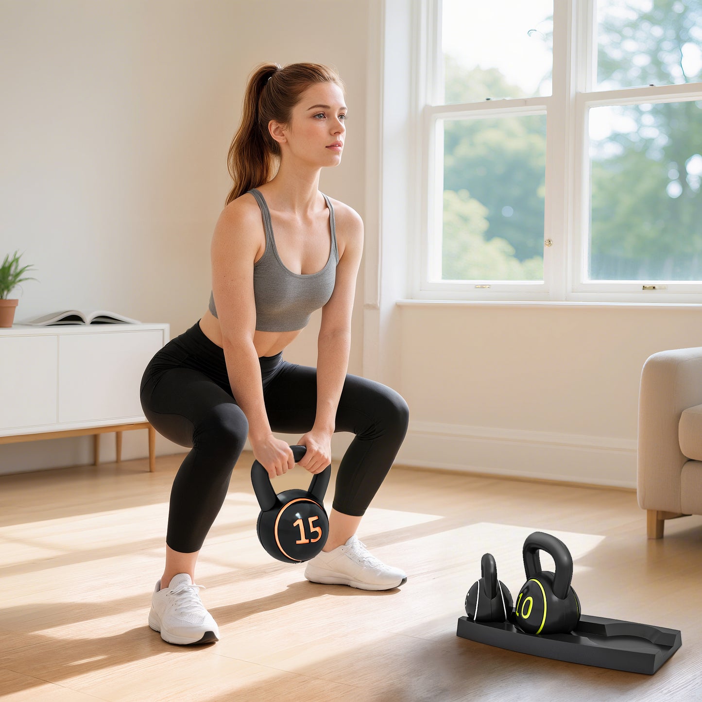 Three-Piece Kettlebell Set, 5lbs, 10lbs, 15lbs with Storage Tray