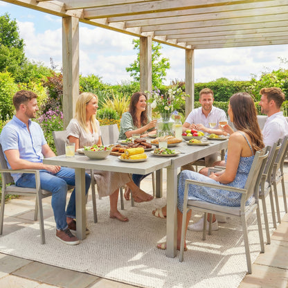 Extending Garden Table, Aluminium Outdoor Dining Table for 8-10 with Wood-Like Grained Surface, Light Grey Wood Effect
